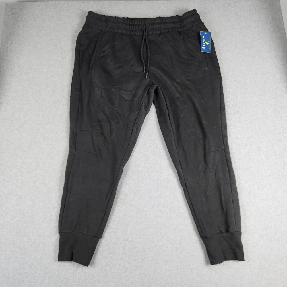 Vively Jogger Pants Women 1X Black Fleece Lined Drawstring Elastic Waist Tapered